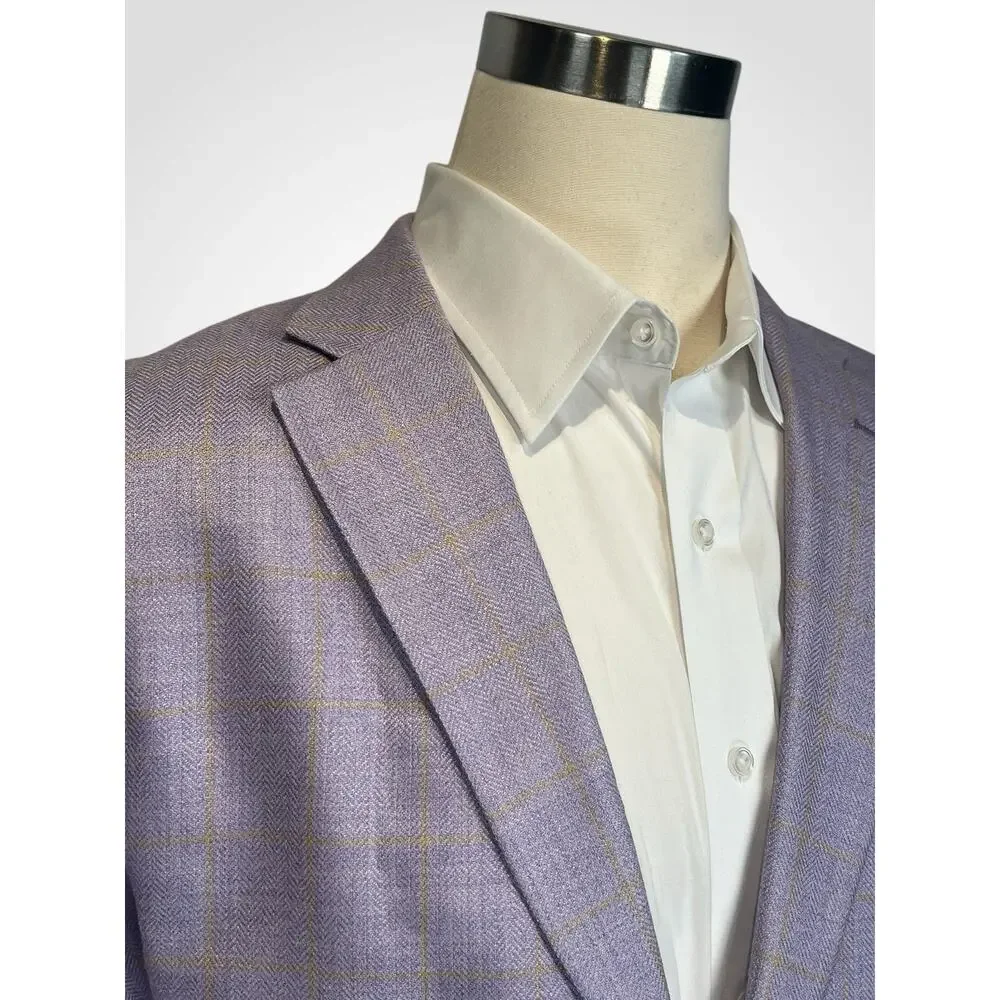Paul Fredrick Blazer 50R Purple Lavender Camel Gold Plaid Herringbone Silk Wool